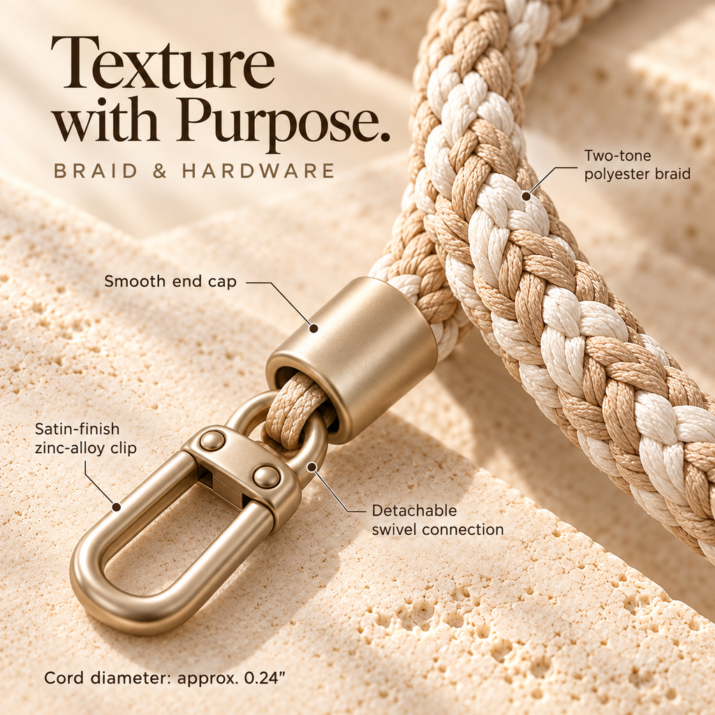 ZASEORE™ Tavin Braided Phone Wrist Strap — Detachable Wristlet Lanyard with Case Tether Tab and Satin-Finish Clip
