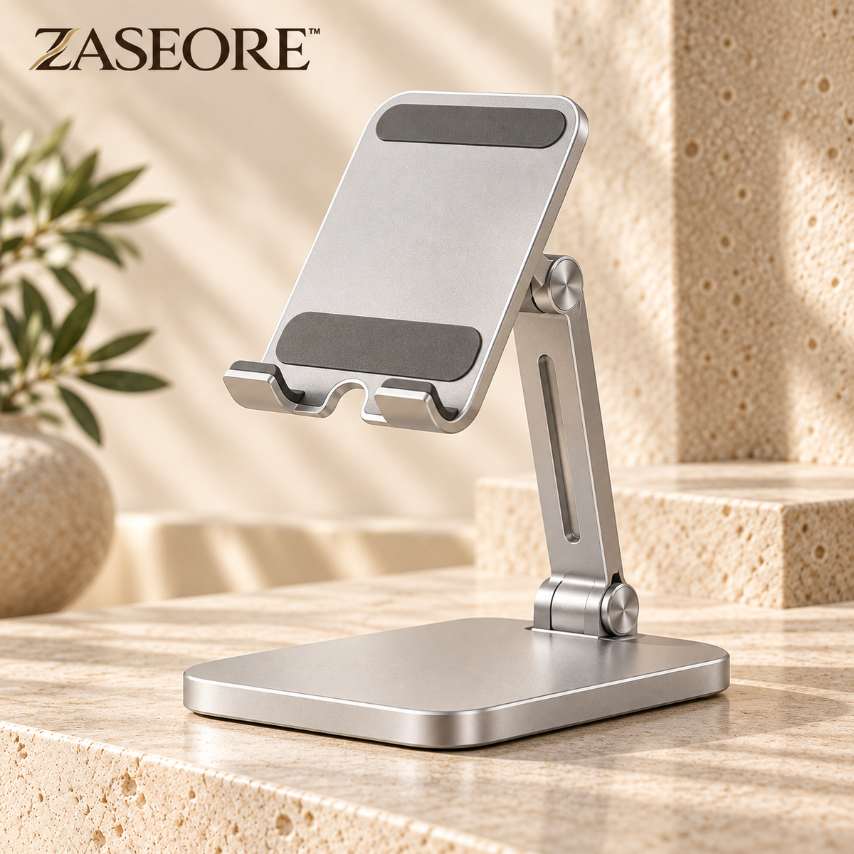 ZASEORE™ Arven Adjustable Aluminum Phone Stand — Foldable Desktop Holder with Dual Hinges and Charging Clearance