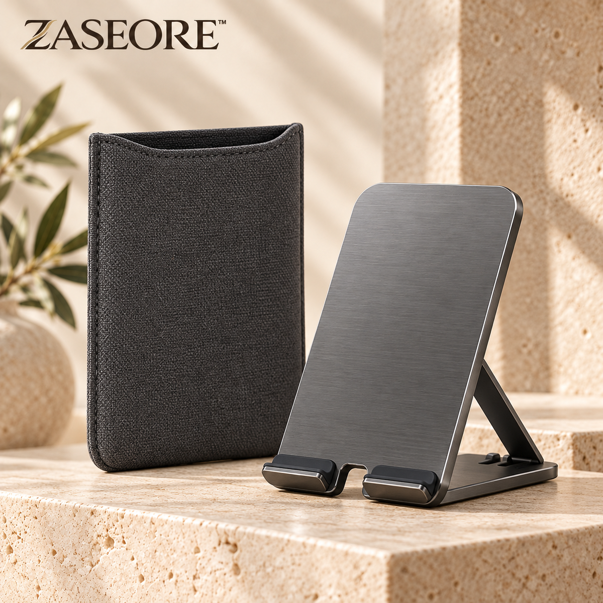 ZASEORE™ Velin Folding Phone Stand — Pocket-Size Aluminum Travel Holder with Three Viewing Positions and Storage Sleeve