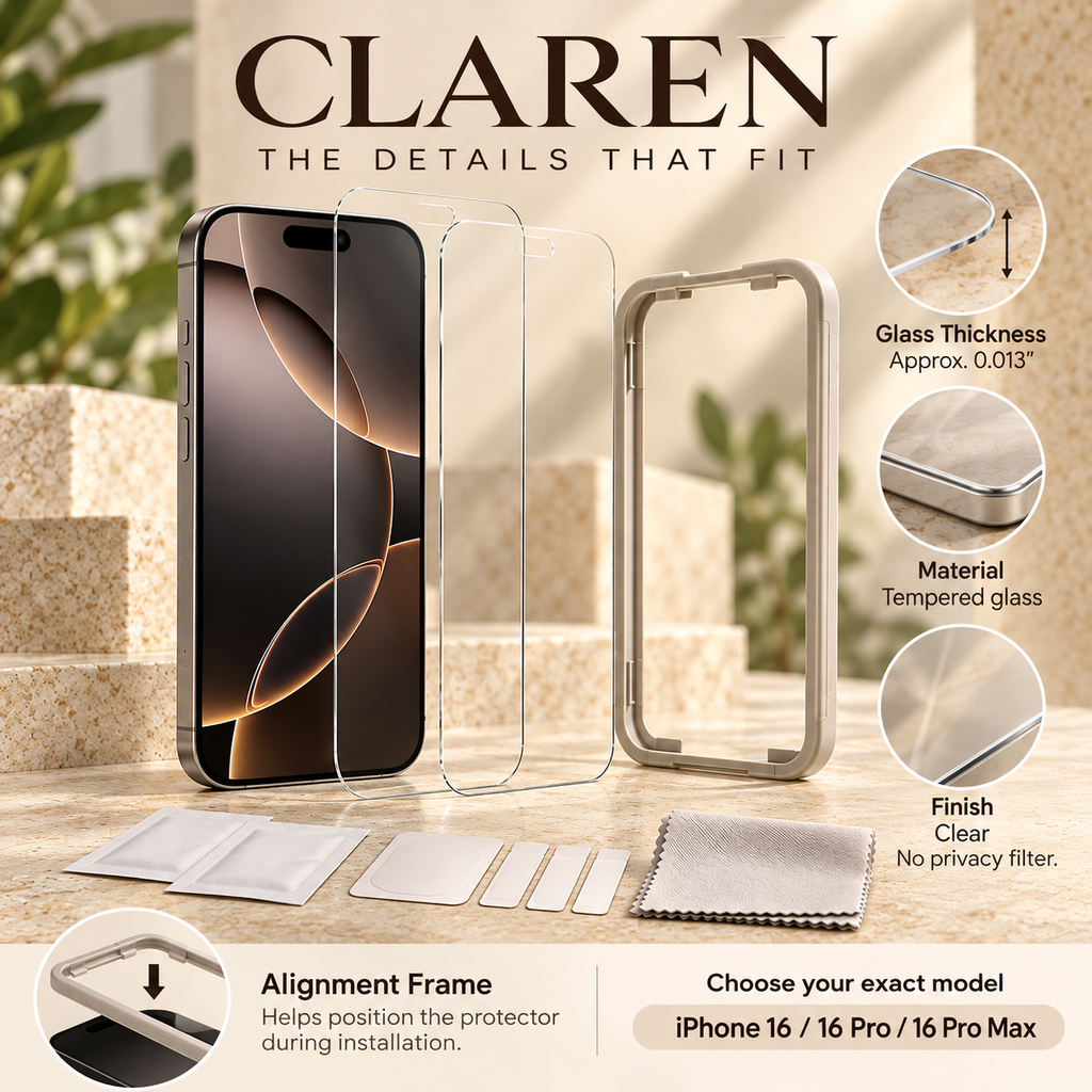 ZASEORE™ Claren Tempered Glass Screen Protector — 2-Pack Clear Display Film with Alignment Frame for Select iPhone Models