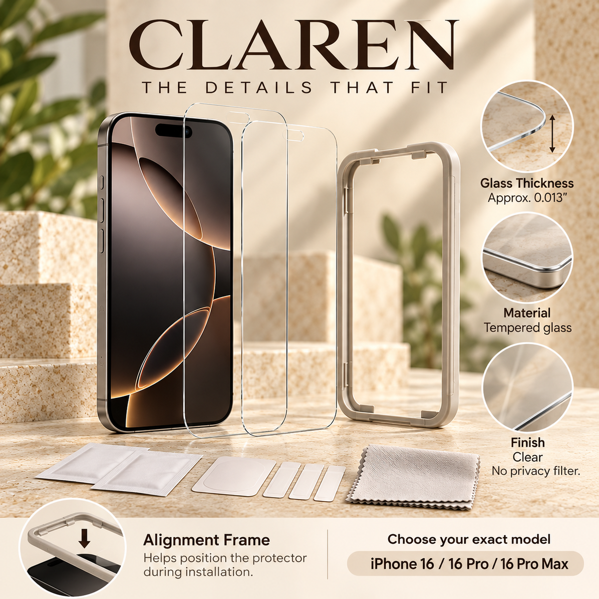 ZASEORE™ Claren Tempered Glass Screen Protector — 2-Pack Clear Display Film with Alignment Frame for Select iPhone Models
