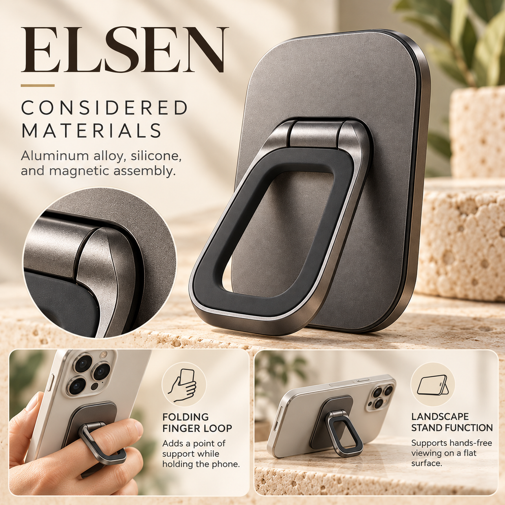 ZASEORE™ Elsen Magnetic Phone Grip — Fold-Flat Finger Loop and Landscape Kickstand for Compatible Magnetic Phone Cases