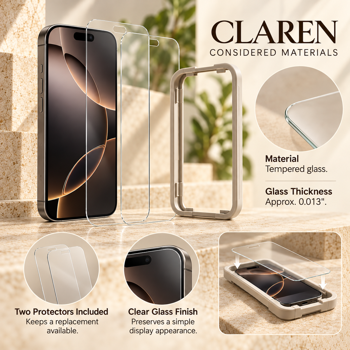 ZASEORE™ Claren Tempered Glass Screen Protector — 2-Pack Clear Display Film with Alignment Frame for Select iPhone Models