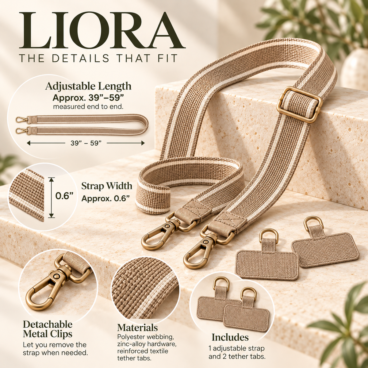 ZASEORE™ Liora Adjustable Crossbody Phone Strap — Woven Lanyard with Detachable Clips and Two Case Tether Tabs