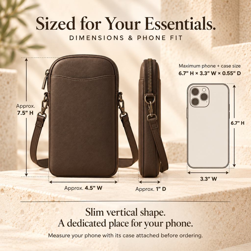 ZASEORE™ Meren Crossbody Phone Pouch — Slim Zippered Smartphone Bag with Two Card Slots and Adjustable Strap