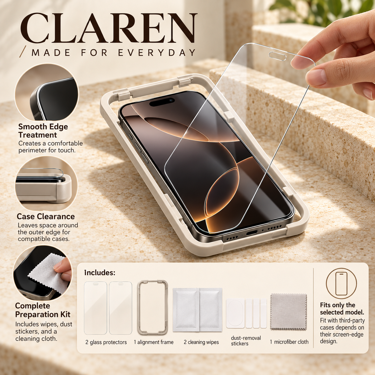 ZASEORE™ Claren Tempered Glass Screen Protector — 2-Pack Clear Display Film with Alignment Frame for Select iPhone Models