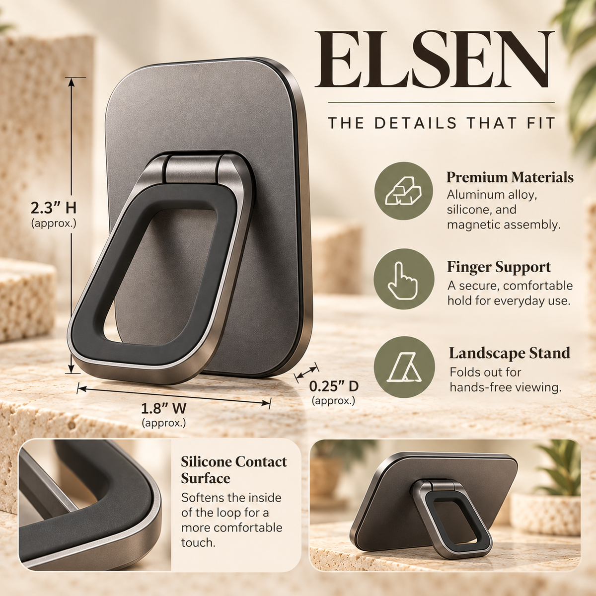 ZASEORE™ Elsen Magnetic Phone Grip — Fold-Flat Finger Loop and Landscape Kickstand for Compatible Magnetic Phone Cases