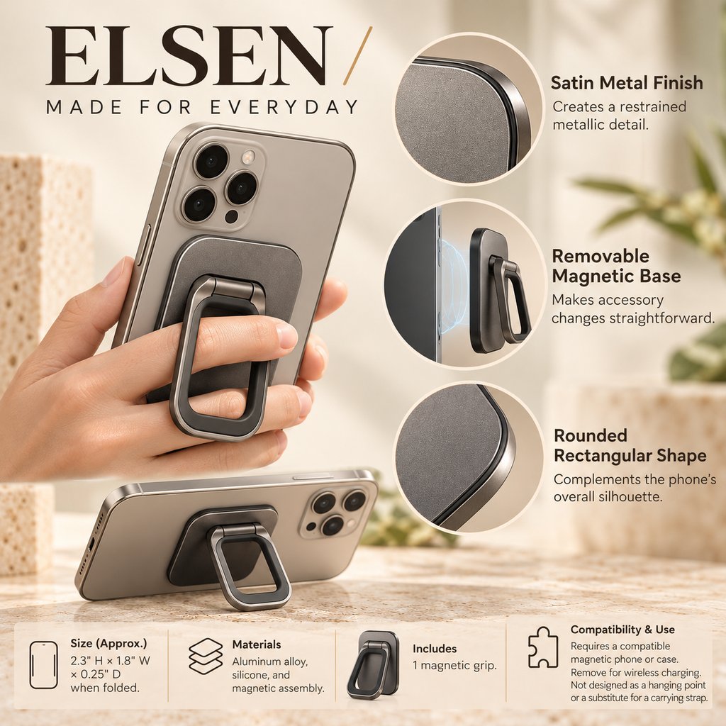 ZASEORE™ Elsen Magnetic Phone Grip — Fold-Flat Finger Loop and Landscape Kickstand for Compatible Magnetic Phone Cases