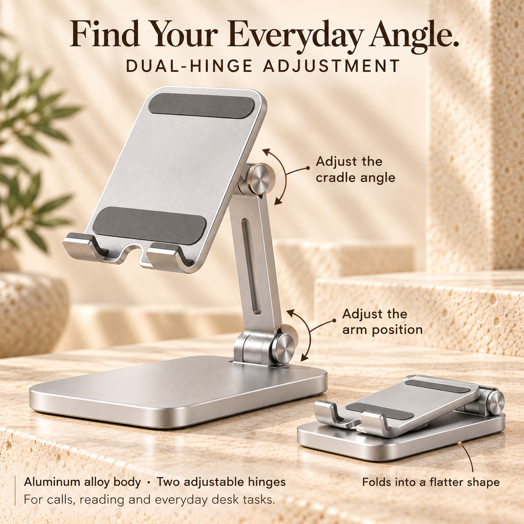 ZASEORE™ Arven Adjustable Aluminum Phone Stand — Foldable Desktop Holder with Dual Hinges and Charging Clearance