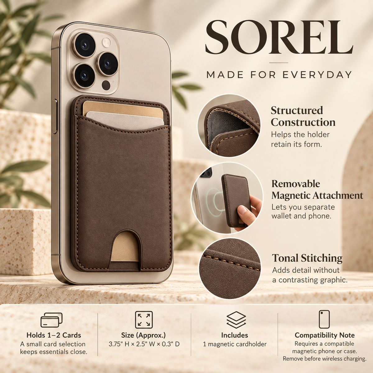 ZASEORE™ Sorel Magnetic Phone Wallet — Slim Two-Card Holder with Thumb Access for Compatible Magnetic Phone Cases