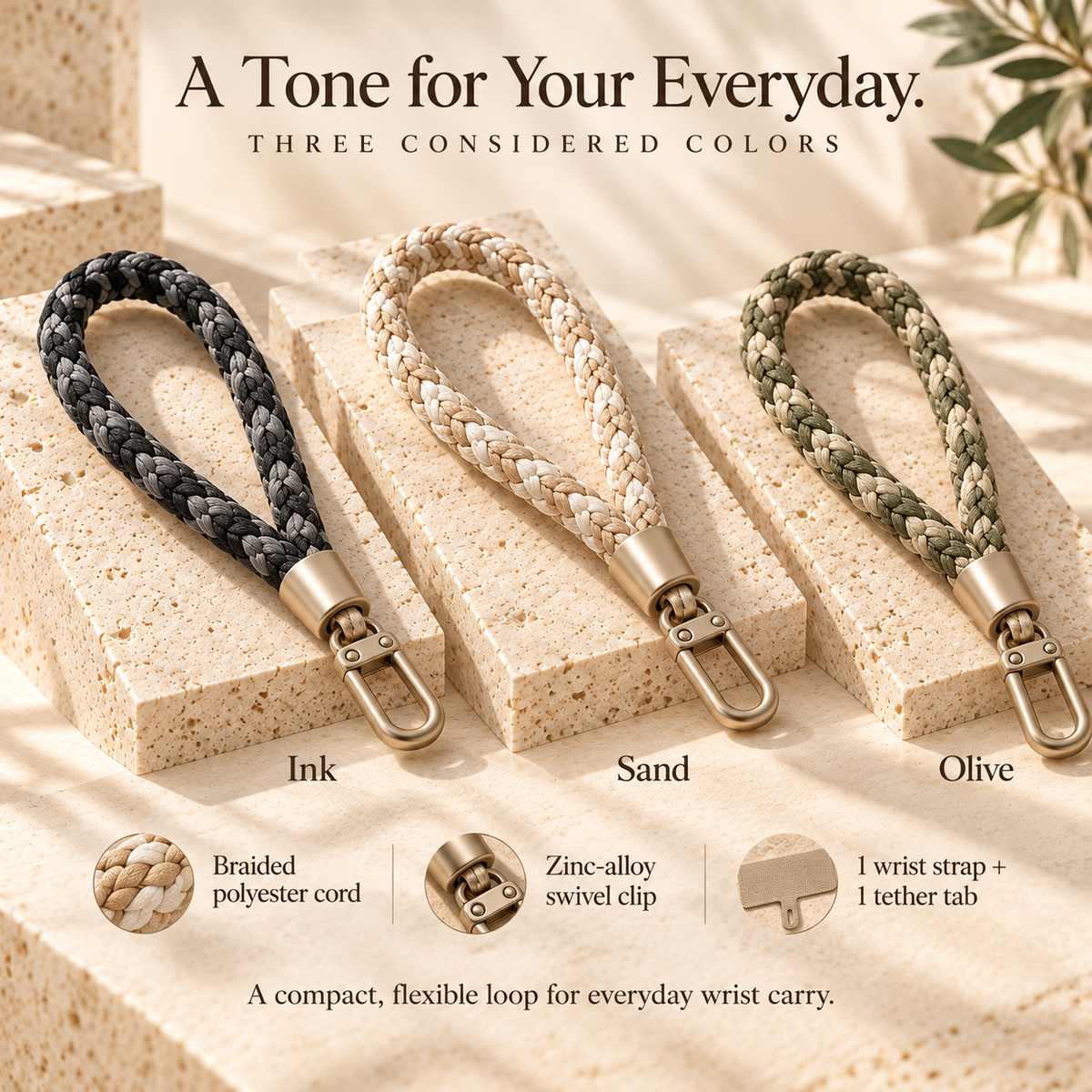 ZASEORE™ Tavin Braided Phone Wrist Strap — Detachable Wristlet Lanyard with Case Tether Tab and Satin-Finish Clip