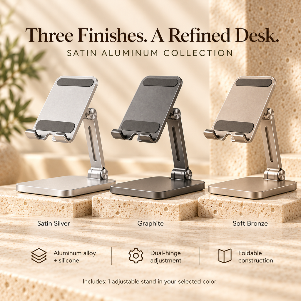 ZASEORE™ Arven Adjustable Aluminum Phone Stand — Foldable Desktop Holder with Dual Hinges and Charging Clearance