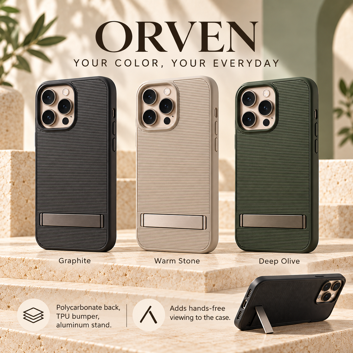 ZASEORE™ Orven Kickstand Phone Case — Textured Slim Cover with Fold-Flat Landscape Stand for Select iPhone Models