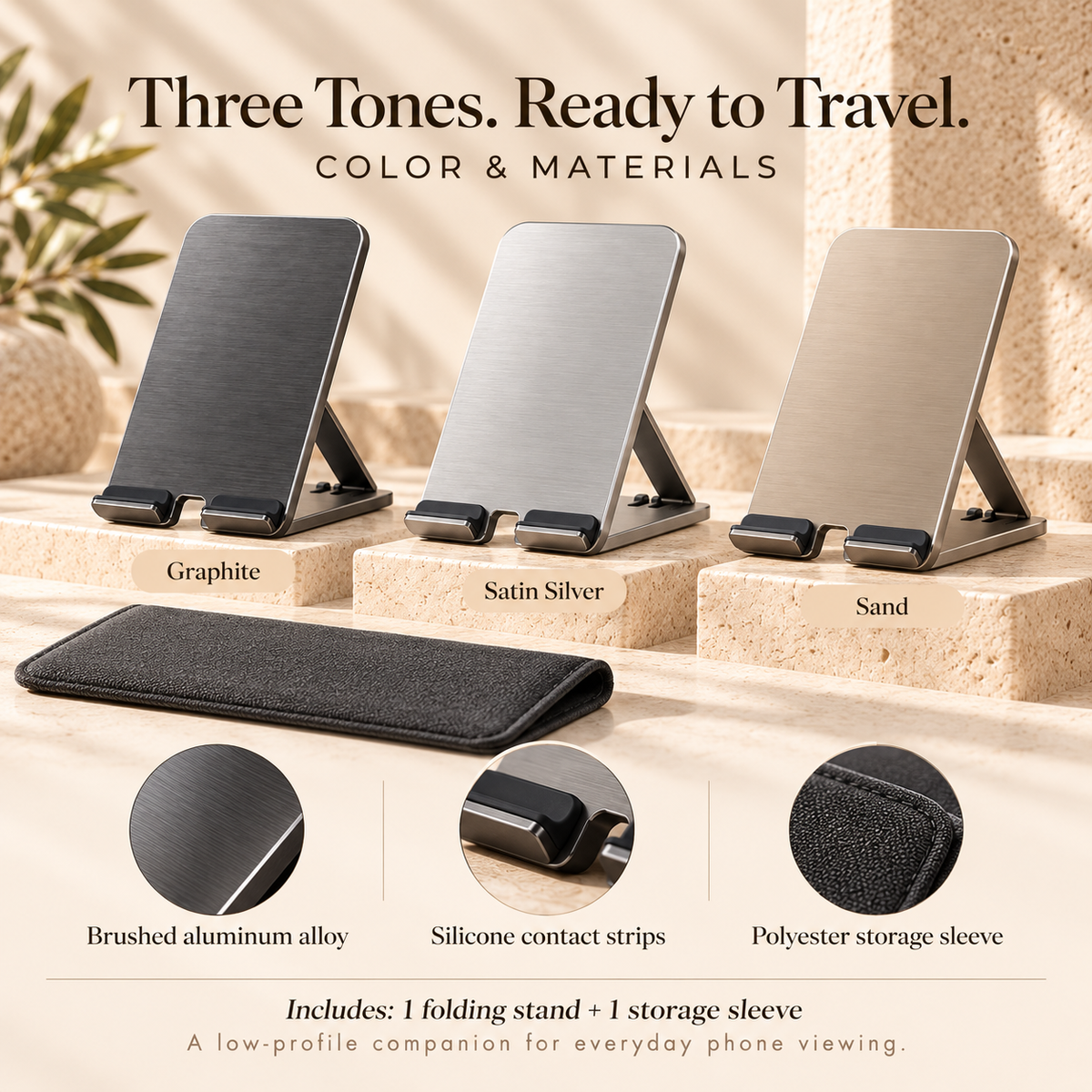 ZASEORE™ Velin Folding Phone Stand — Pocket-Size Aluminum Travel Holder with Three Viewing Positions and Storage Sleeve