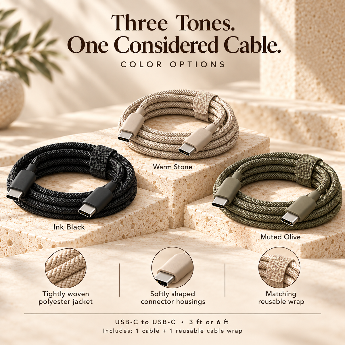 ZASEORE™ Corda Braided USB-C to USB-C Charging Cable — 60W Power Delivery Cable with Matching Cable Wrap, 3 ft or 6 ft