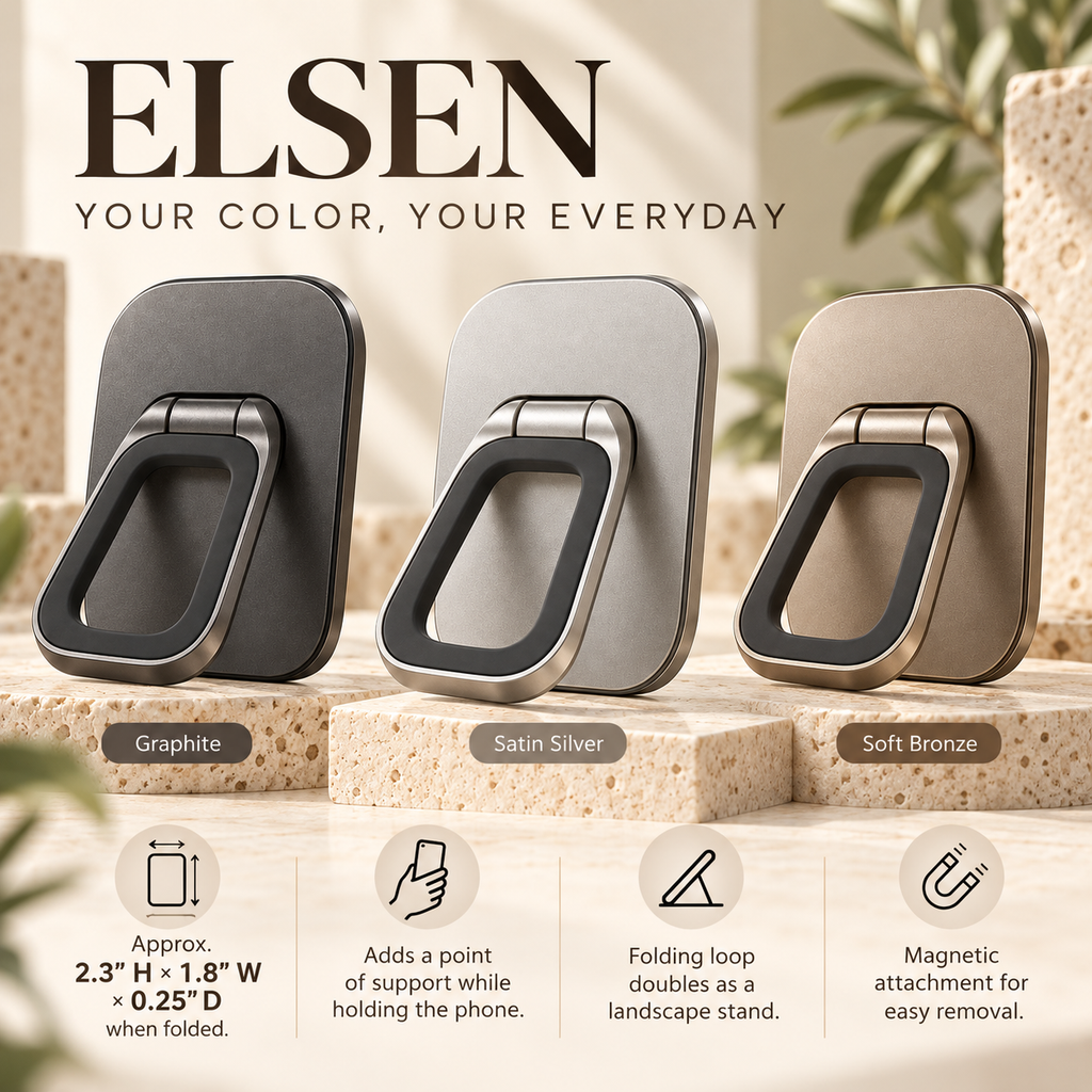 ZASEORE™ Elsen Magnetic Phone Grip — Fold-Flat Finger Loop and Landscape Kickstand for Compatible Magnetic Phone Cases