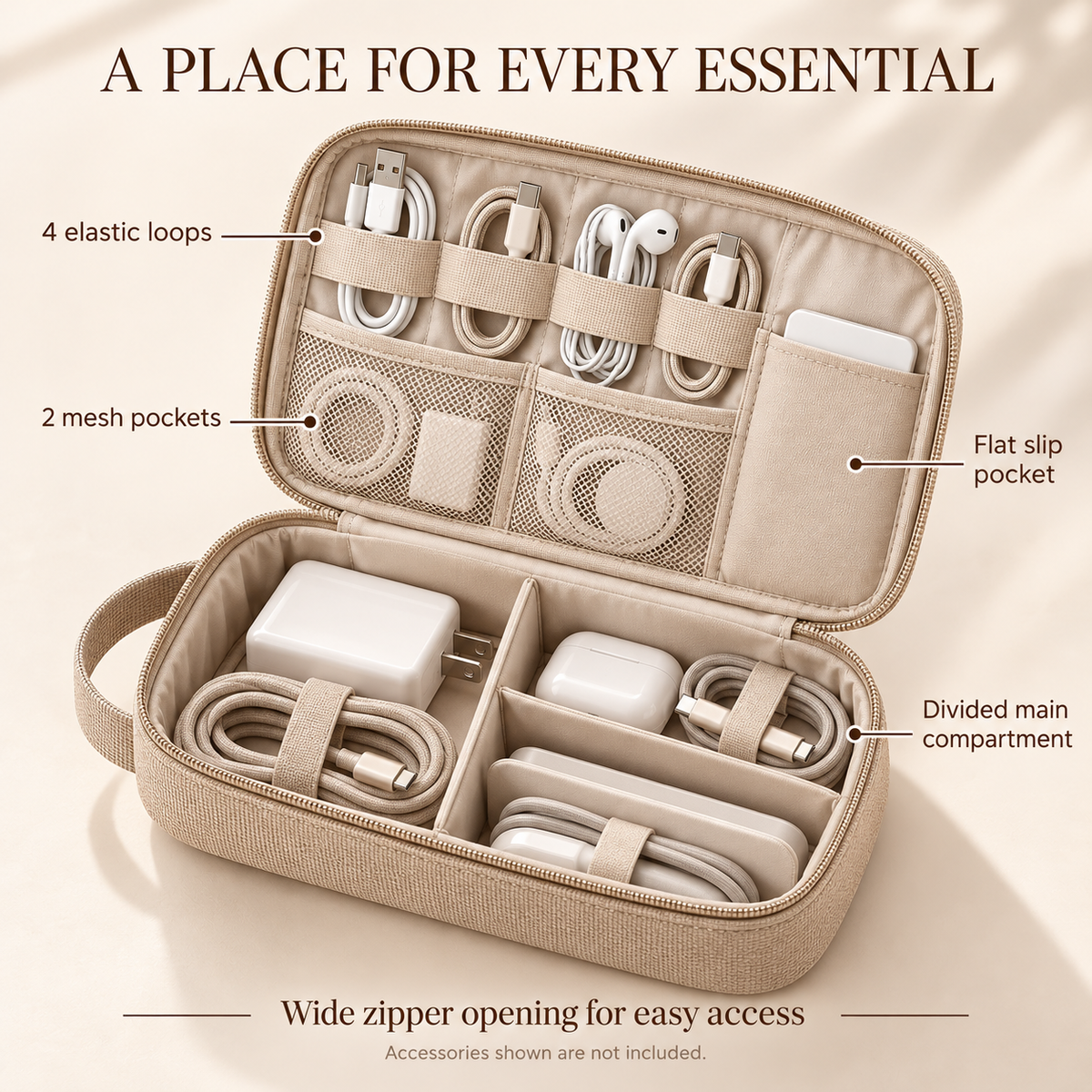 ZASEORE™ Rovan Compact Tech Organizer — Zippered Travel Pouch for Phone Chargers, Cables, Earbuds, and Small Accessories