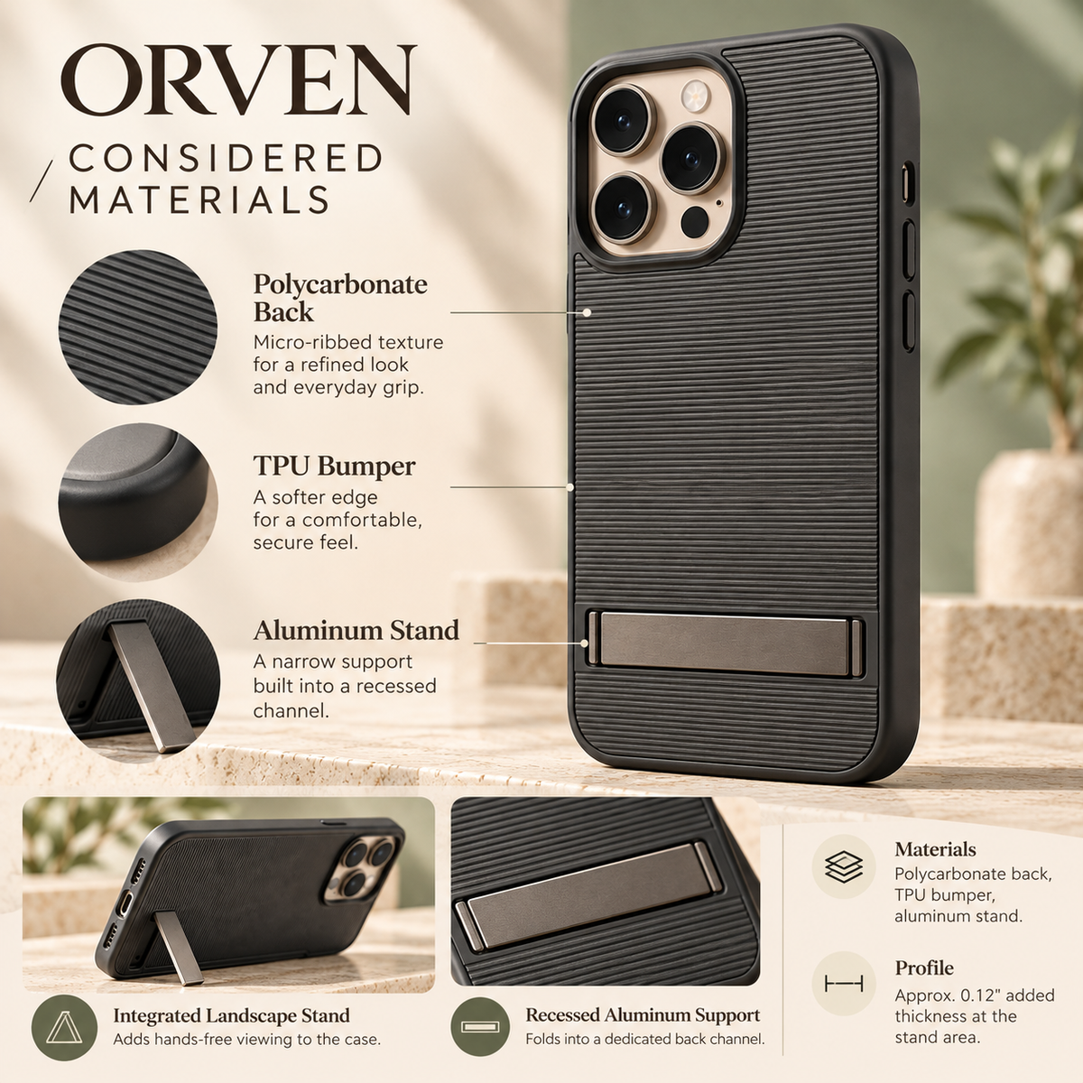 ZASEORE™ Orven Kickstand Phone Case — Textured Slim Cover with Fold-Flat Landscape Stand for Select iPhone Models