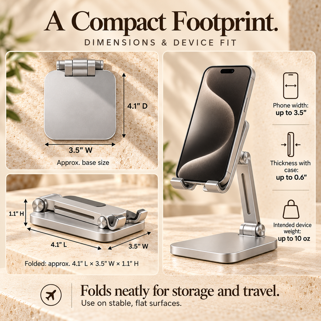ZASEORE™ Arven Adjustable Aluminum Phone Stand — Foldable Desktop Holder with Dual Hinges and Charging Clearance