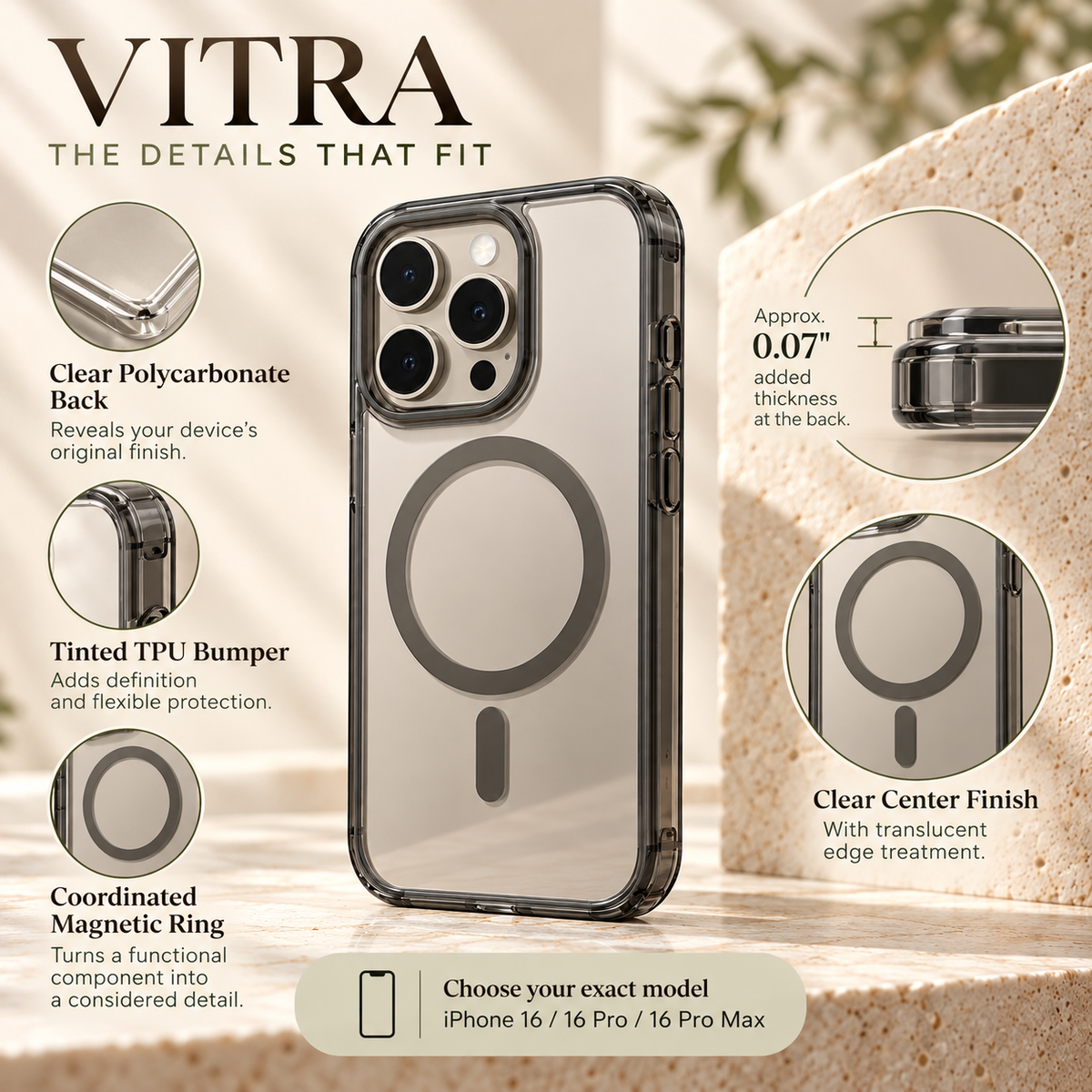 ZASEORE™ Vitra Clear Magnetic Phone Case — Transparent PC Back with Smoke-Tint TPU Bumper for Select iPhone Models