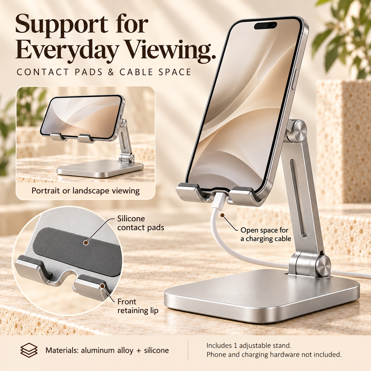 ZASEORE™ Arven Adjustable Aluminum Phone Stand — Foldable Desktop Holder with Dual Hinges and Charging Clearance