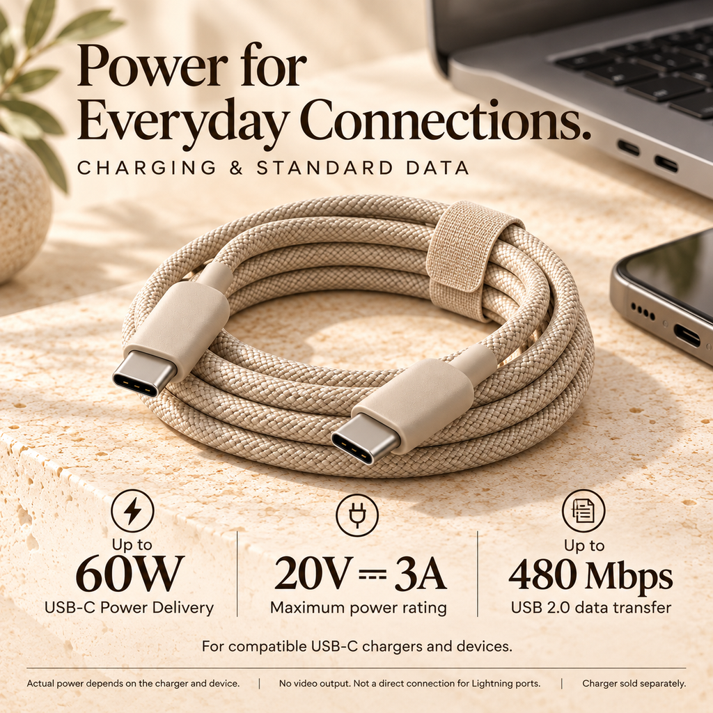 ZASEORE™ Corda Braided USB-C to USB-C Charging Cable — 60W Power Delivery Cable with Matching Cable Wrap, 3 ft or 6 ft