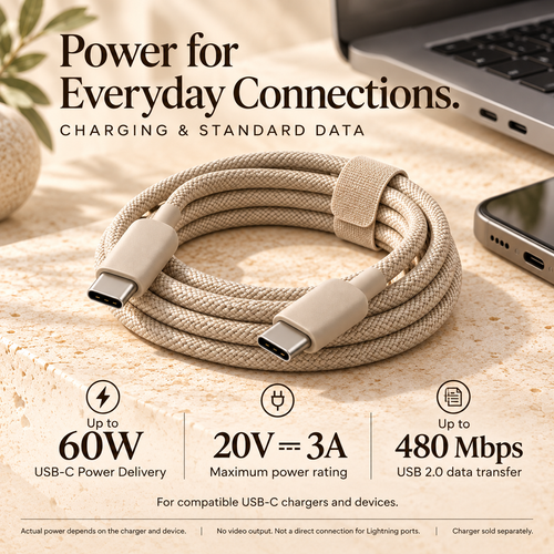 ZASEORE™ Corda Braided USB-C to USB-C Charging Cable — 60W Power Delivery Cable with Matching Cable Wrap, 3 ft or 6 ft