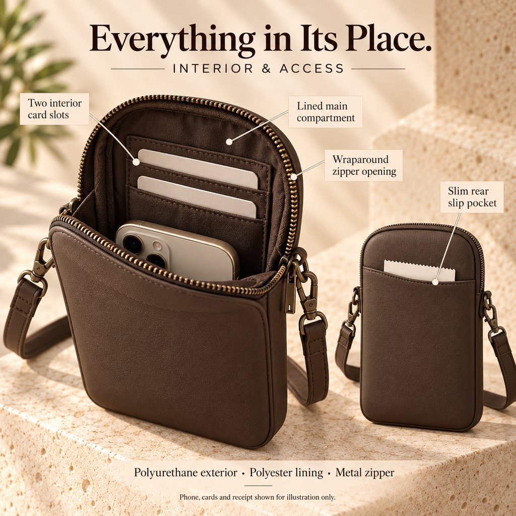 ZASEORE™ Meren Crossbody Phone Pouch — Slim Zippered Smartphone Bag with Two Card Slots and Adjustable Strap