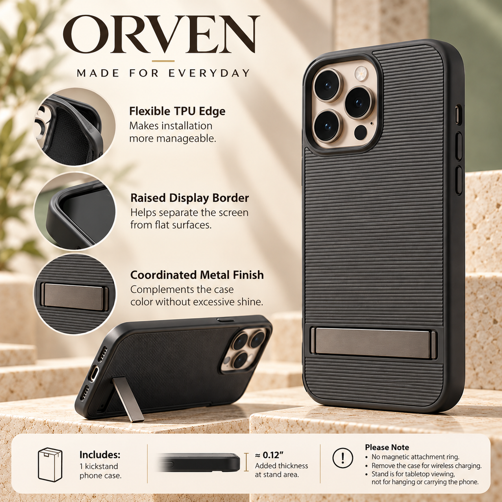 ZASEORE™ Orven Kickstand Phone Case — Textured Slim Cover with Fold-Flat Landscape Stand for Select iPhone Models