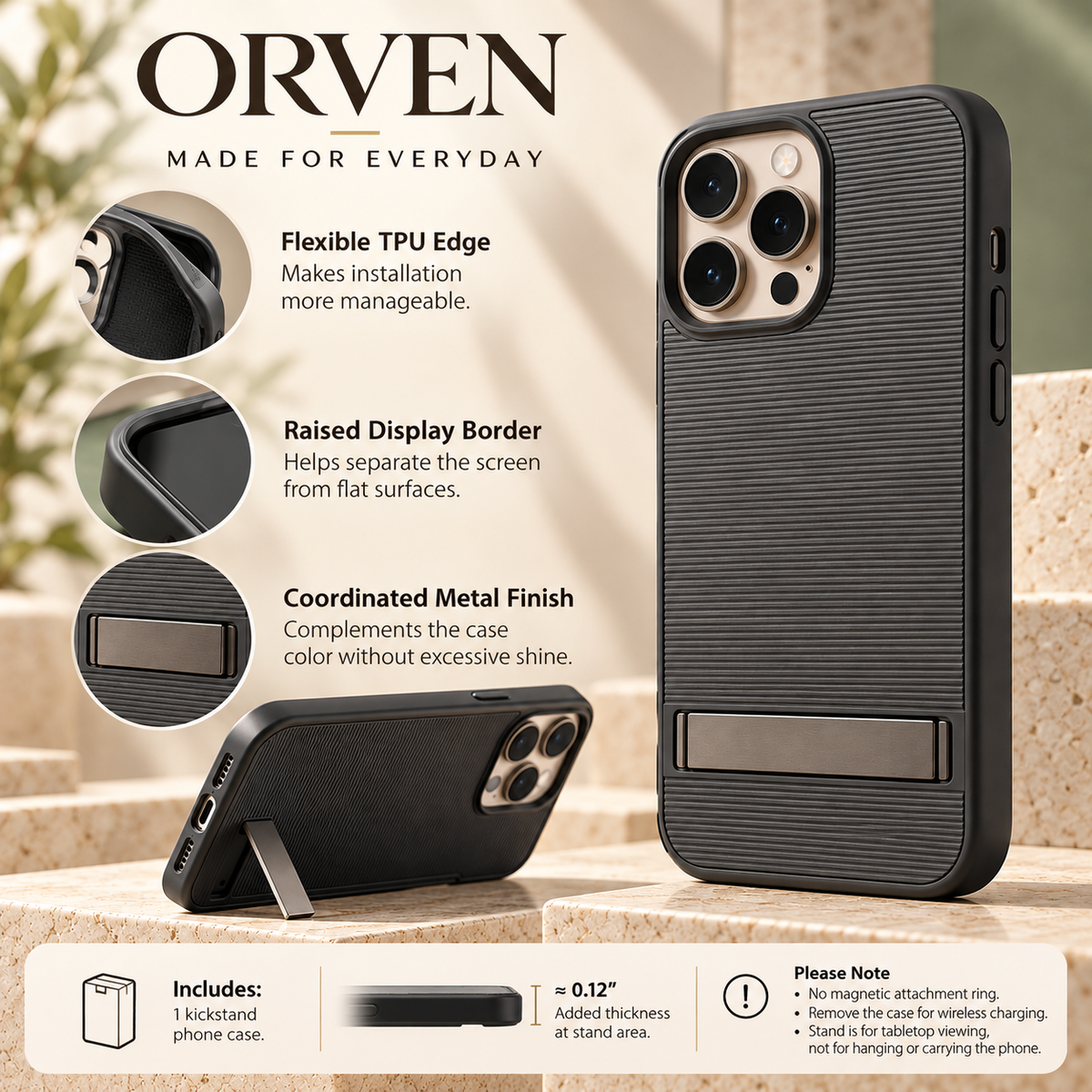ZASEORE™ Orven Kickstand Phone Case — Textured Slim Cover with Fold-Flat Landscape Stand for Select iPhone Models