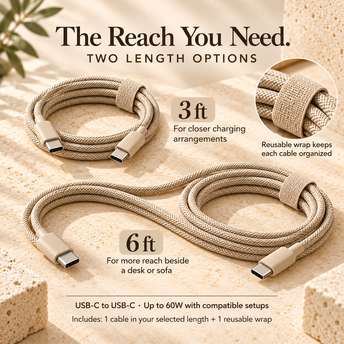ZASEORE™ Corda Braided USB-C to USB-C Charging Cable — 60W Power Delivery Cable with Matching Cable Wrap, 3 ft or 6 ft