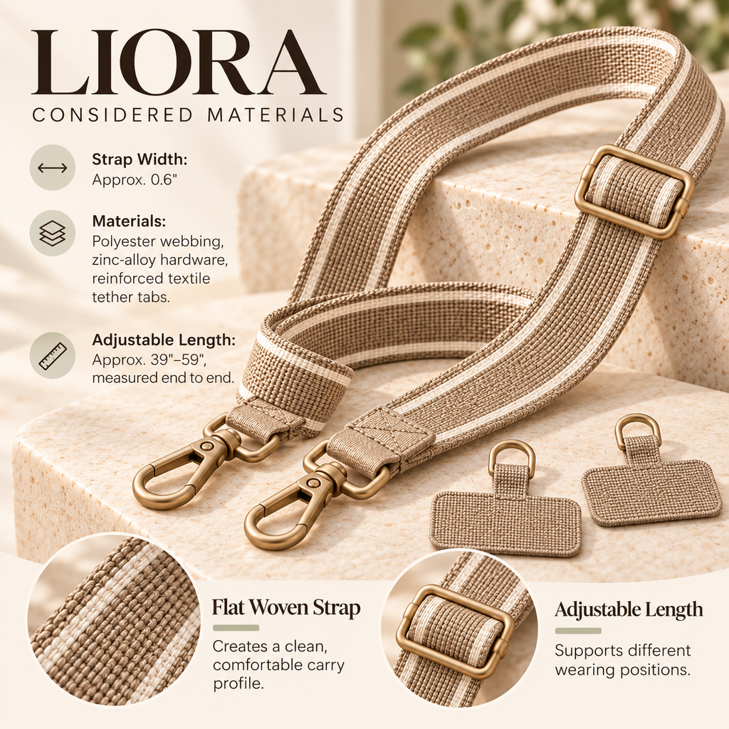 ZASEORE™ Liora Adjustable Crossbody Phone Strap — Woven Lanyard with Detachable Clips and Two Case Tether Tabs