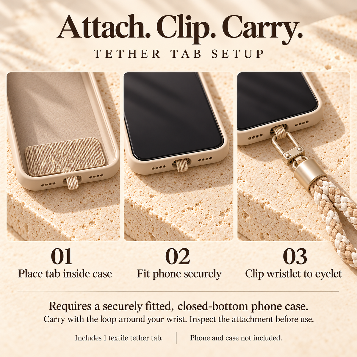 ZASEORE™ Tavin Braided Phone Wrist Strap — Detachable Wristlet Lanyard with Case Tether Tab and Satin-Finish Clip