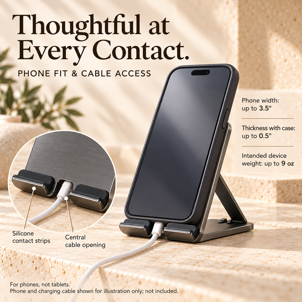 ZASEORE™ Velin Folding Phone Stand — Pocket-Size Aluminum Travel Holder with Three Viewing Positions and Storage Sleeve