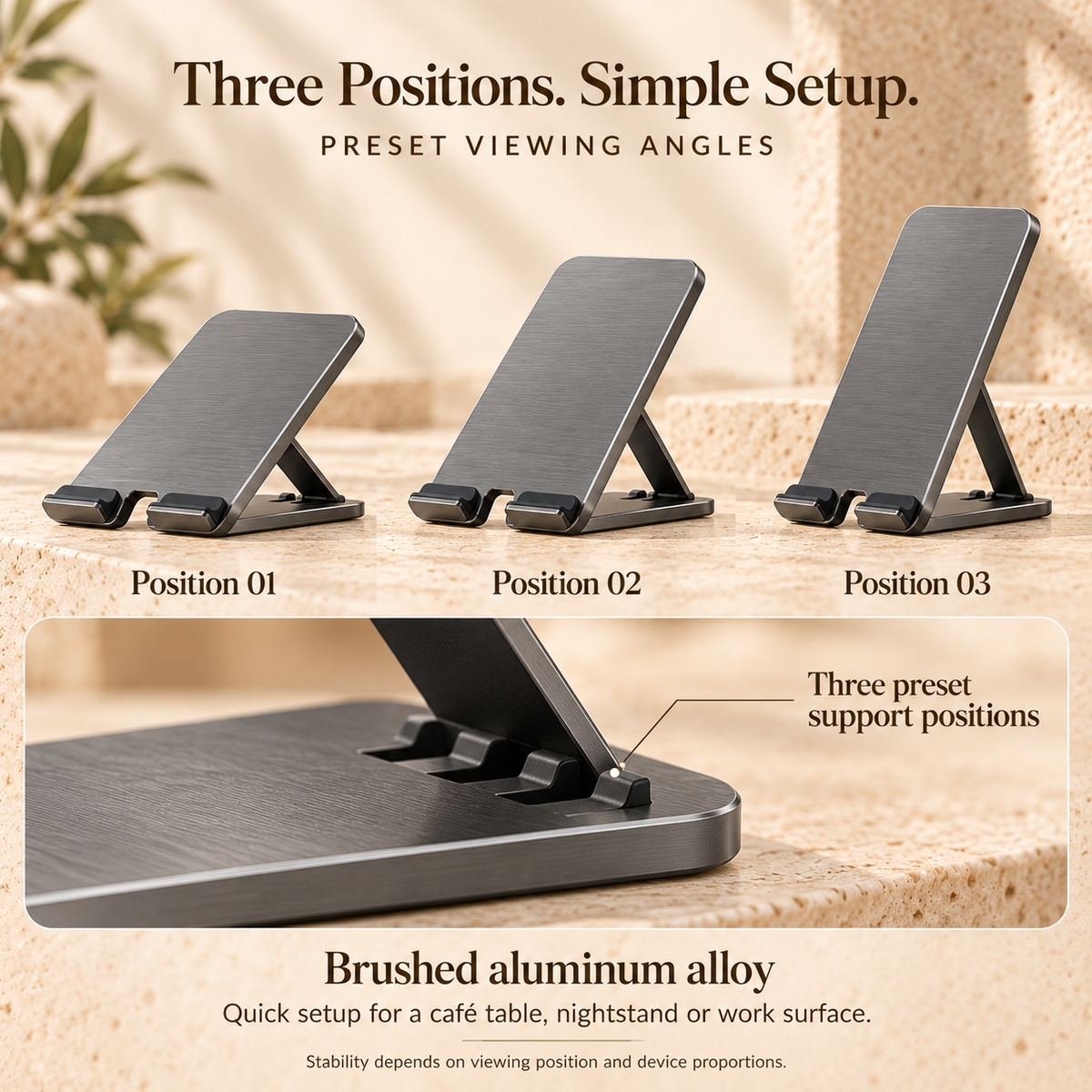 ZASEORE™ Velin Folding Phone Stand — Pocket-Size Aluminum Travel Holder with Three Viewing Positions and Storage Sleeve
