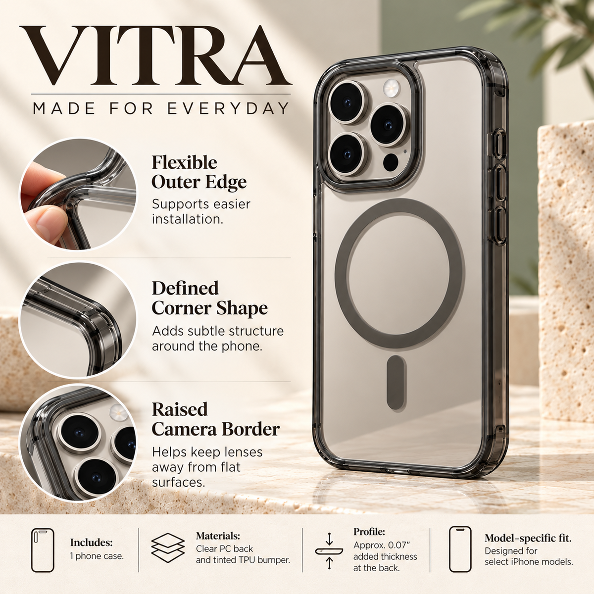 ZASEORE™ Vitra Clear Magnetic Phone Case — Transparent PC Back with Smoke-Tint TPU Bumper for Select iPhone Models
