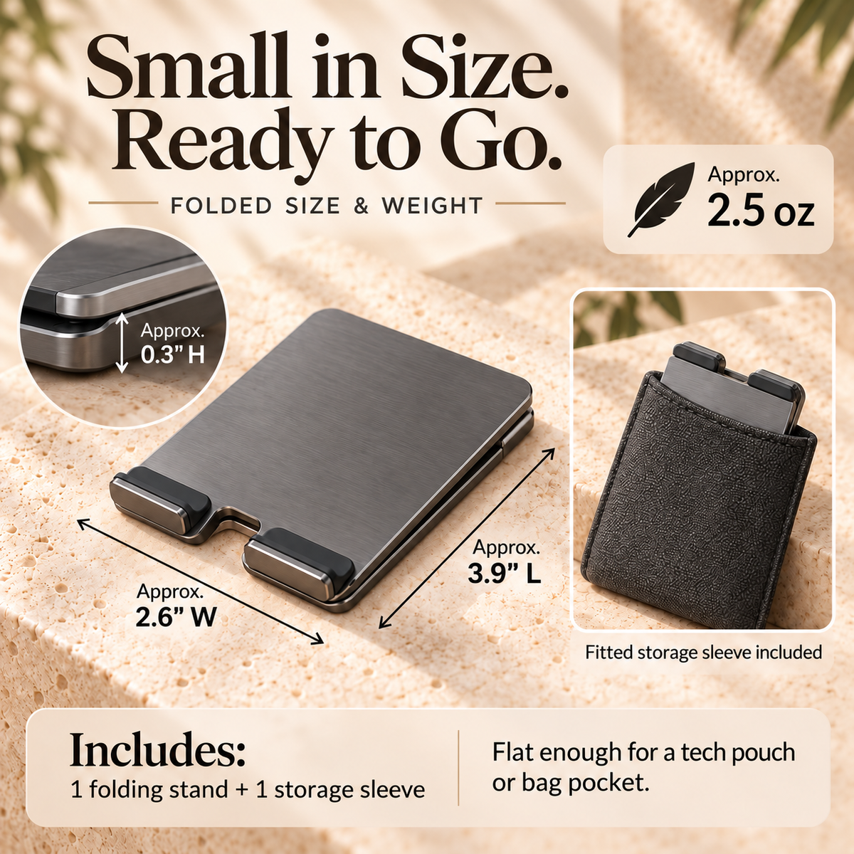 ZASEORE™ Velin Folding Phone Stand — Pocket-Size Aluminum Travel Holder with Three Viewing Positions and Storage Sleeve