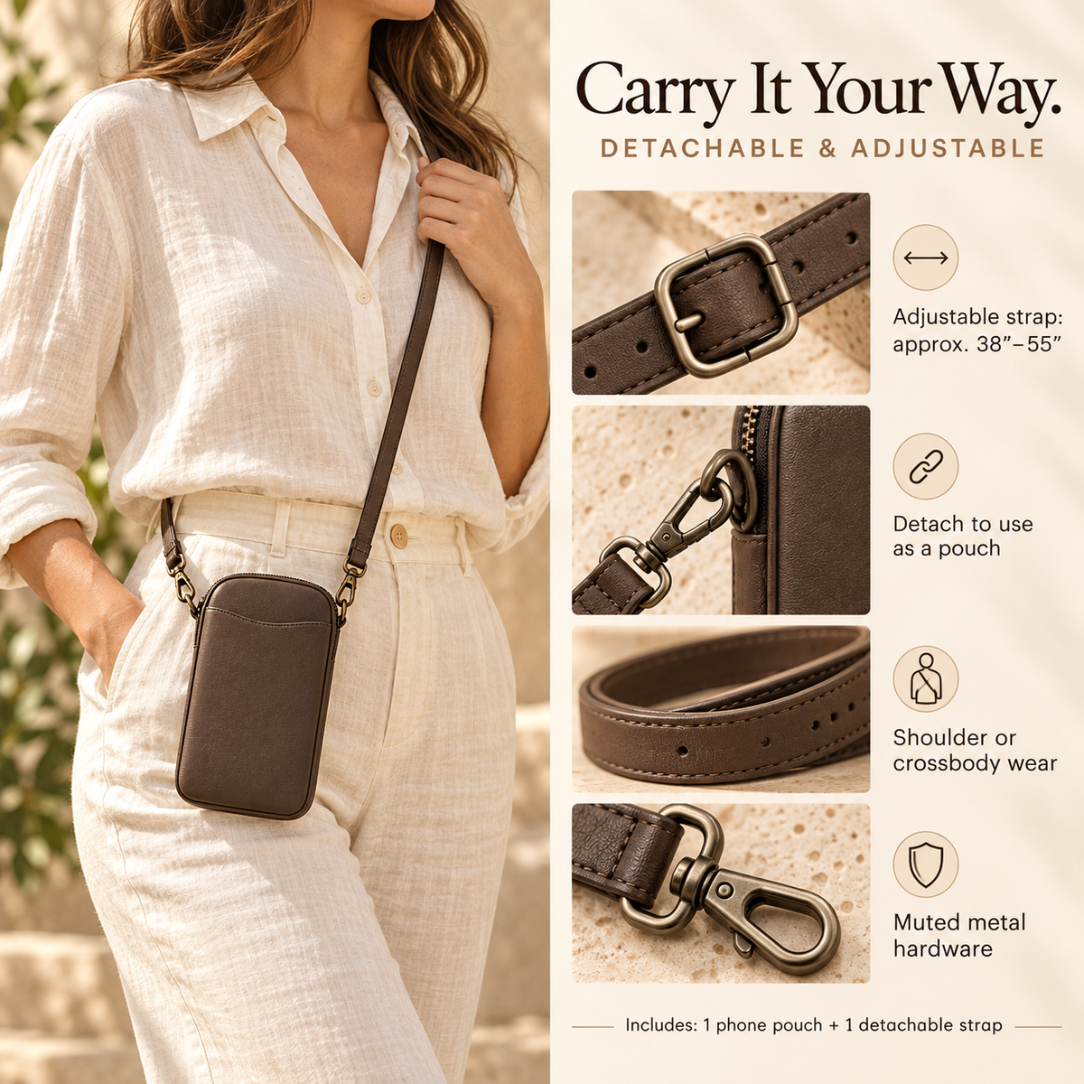 ZASEORE™ Meren Crossbody Phone Pouch — Slim Zippered Smartphone Bag with Two Card Slots and Adjustable Strap