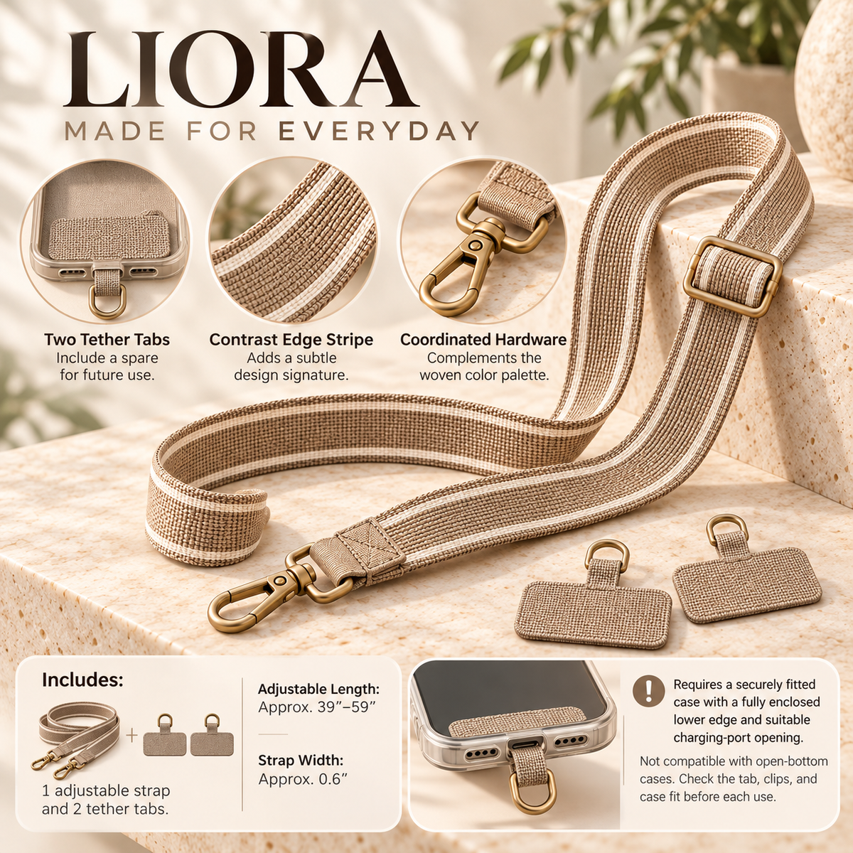 ZASEORE™ Liora Adjustable Crossbody Phone Strap — Woven Lanyard with Detachable Clips and Two Case Tether Tabs