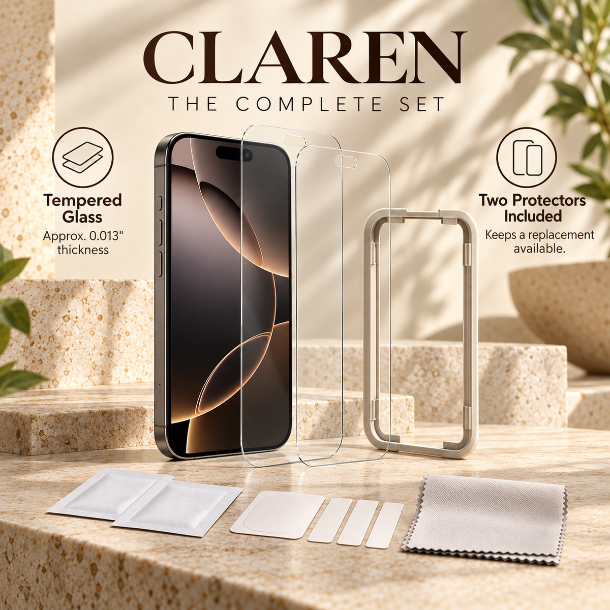 ZASEORE™ Claren Tempered Glass Screen Protector — 2-Pack Clear Display Film with Alignment Frame for Select iPhone Models