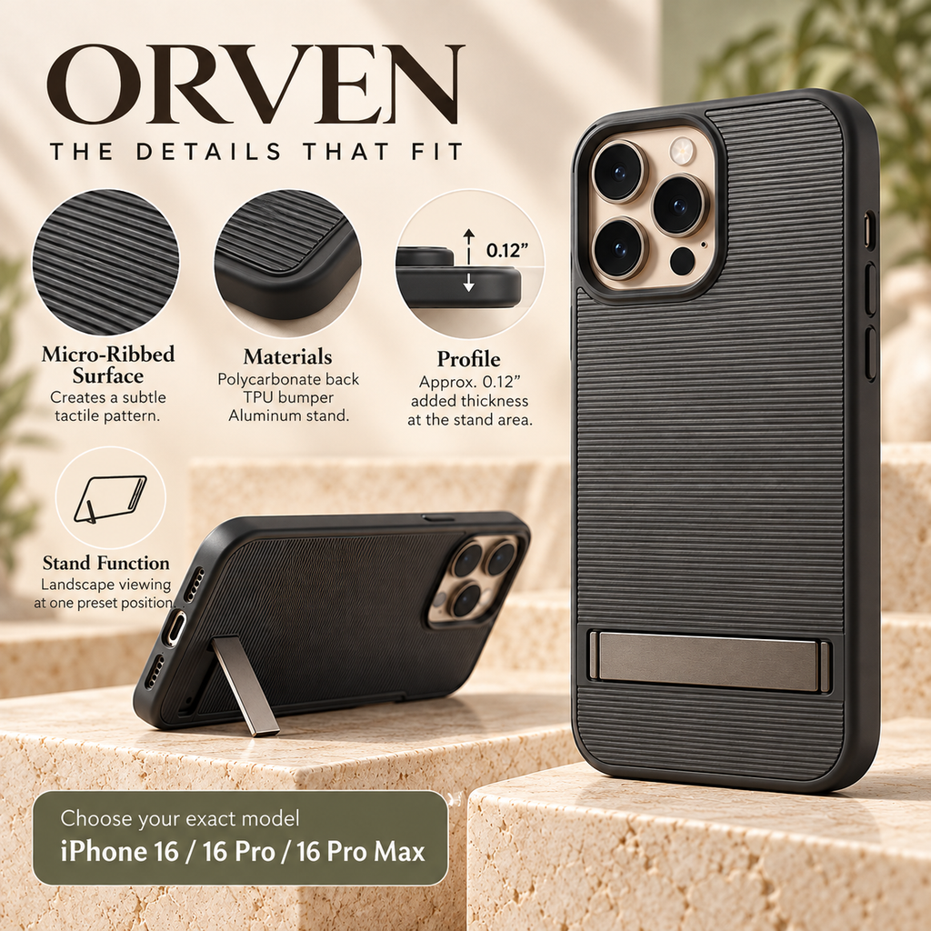ZASEORE™ Orven Kickstand Phone Case — Textured Slim Cover with Fold-Flat Landscape Stand for Select iPhone Models